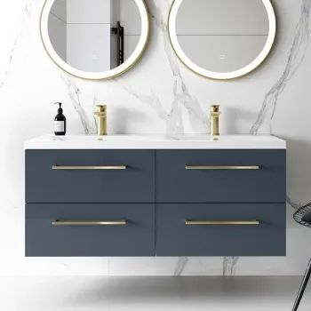 Elba Inky Blue Wall Hung Double Basin Drawer Vanity 1200mm - Brushed Brass Accents