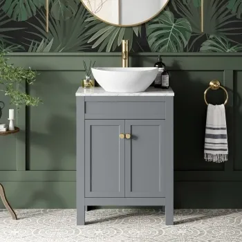 Bermuda Dove Grey Vanity with Marble Top & Oval Counter Top Basin 600mm - Brushed Brass Accents