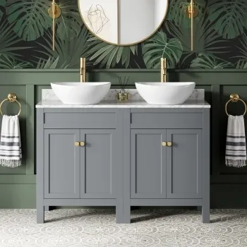 Bermuda Dove Grey Vanity with Marble Top & Oval Counter Top Basin 1200mm - Brushed Brass Accents