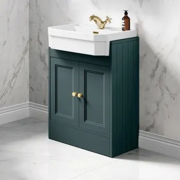 Monaco Midnight Green Traditional Basin Vanity 600mm - Brushed Brass Accents