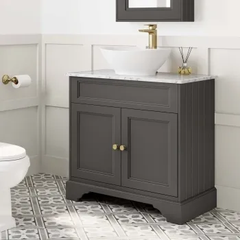 Lucia Graphite Grey Vanity with Marble Top & Oval Counter Top Basin 840mm - Brushed Brass Accents
