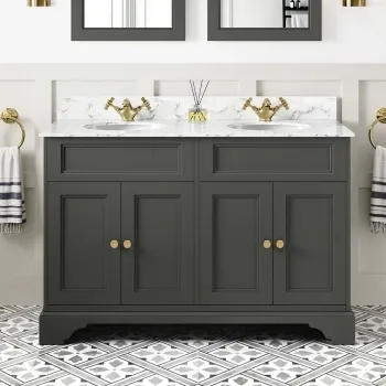 Lucia Graphite Grey Double Vanity with Marble Top & Undermount Basins 1200mm - Brushed Brass Accents