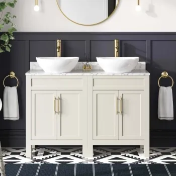Bermuda Chalk White Vanity with Marble Top & Oval Counter Top Basin 1200mm - Brass Knurled Handles