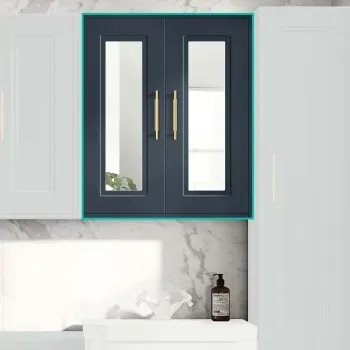Inky Blue Wall Hung Mirror Cabinet 700x600mm - Brass Knurled Handles