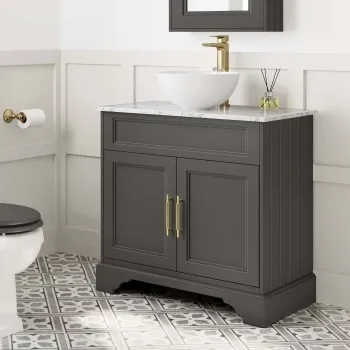 Lucia Graphite Grey Vanity with Marble Top & Round Counter Top Basin 840mm - Brass Knurled Handles