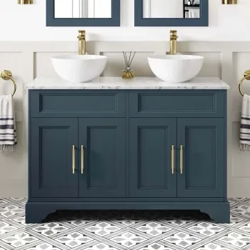Lucia Inky Blue Double Vanity with Marble Top & Round Counter Top Basin 1200mm - Brass Knurled Handles