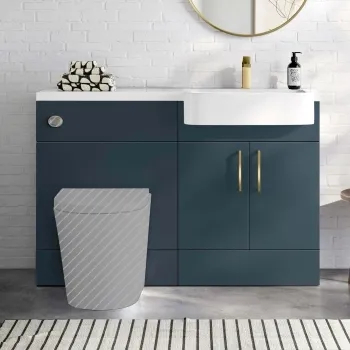 Harper Navy Blue Basin Vanity and Back To Wall Toilet Unit 1200mm (Excludes Toilet) - Brushed Brass Accents - Right Handed
