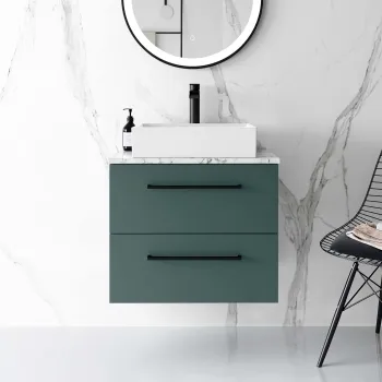 Elba Midnight Green Wall Hung Drawer Vanity with Marble Top & Cody Basin 600mm - Black Accents