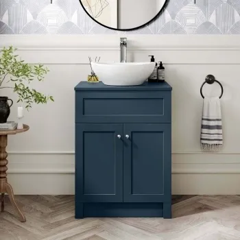 Milos Navy Blue Vanity with Oval Basin 600mm - Brushed Handles