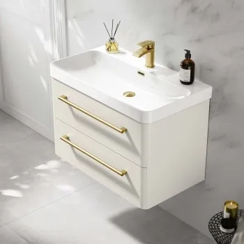 Omaha Linen White Wall Hung Basin Drawer Vanity 800mm - Brushed Brass Accents
