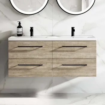 Elba Dawn Oak Wall Hung Double Basin Drawer Vanity 1200mm - Black Accents