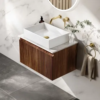 Malta Fluted Black Walnut Wall Hung Drawer Vanity with Marble Top & Cody Basin 600mm