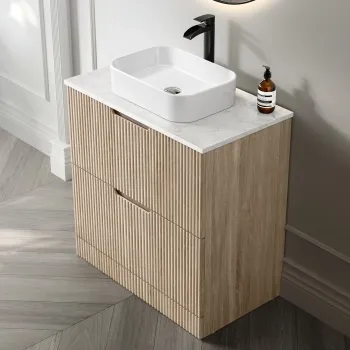 Crete Fluted Apex Oak Vanity Drawer with Marble Top & Marin Basin 800mm