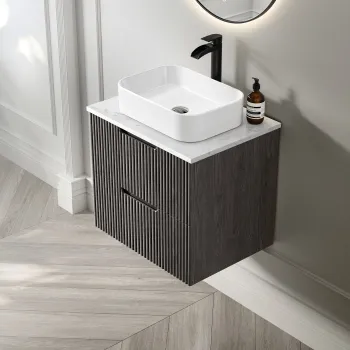 Crete Fluted Charcoal Elm Wall Hung Drawer Vanity with Marble Top & Marin Basin 600mm