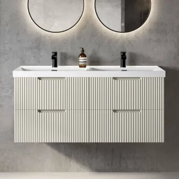 Crete Fluted Linen White Wall Hung Double Basin Drawer Vanity 1200mm