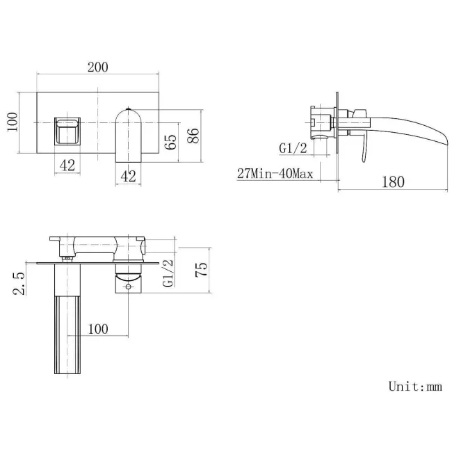 Eden Matt Black Waterfall Wall Mounted Basin Mixer Tap