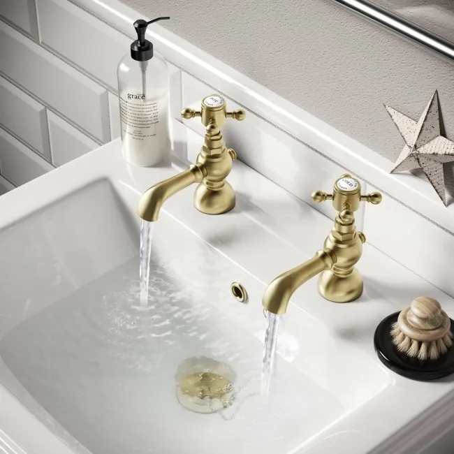 Tweed Traditional Brushed Brass Hot & Cold Basin Taps