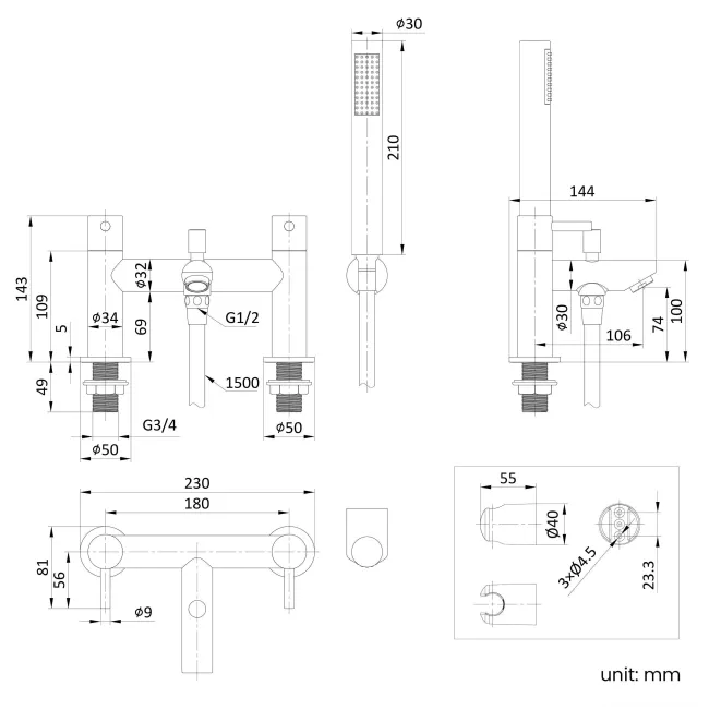 Wye Brushed Brass Bath Filler & Handheld Shower