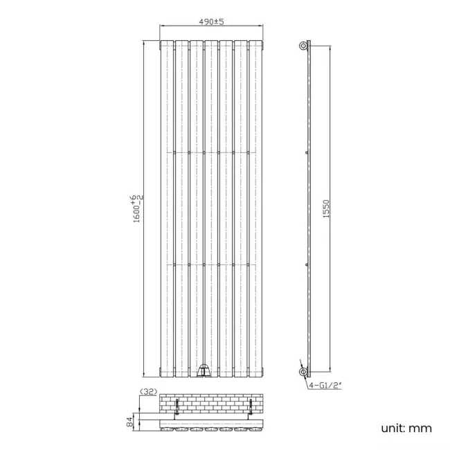 Faro Anthracite Single Flat Panel Vertical Radiator 1600x490mm