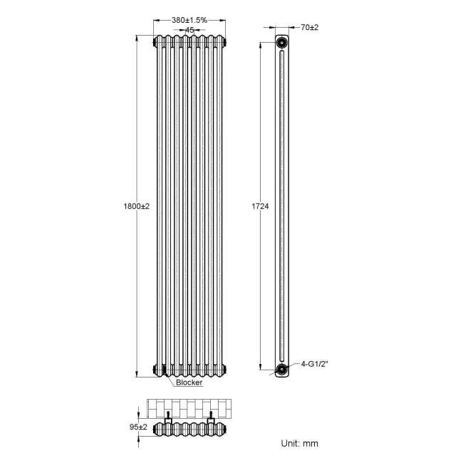 Athens Anthracite Double Column Vertical Traditional Radiator 1800x380mm