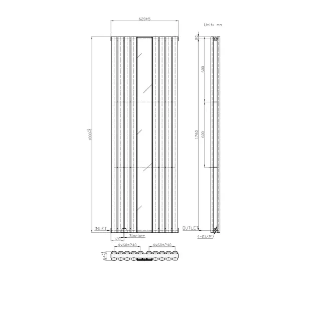 Marseille White Double Vertical Mirror Radiator 1800x620mm
