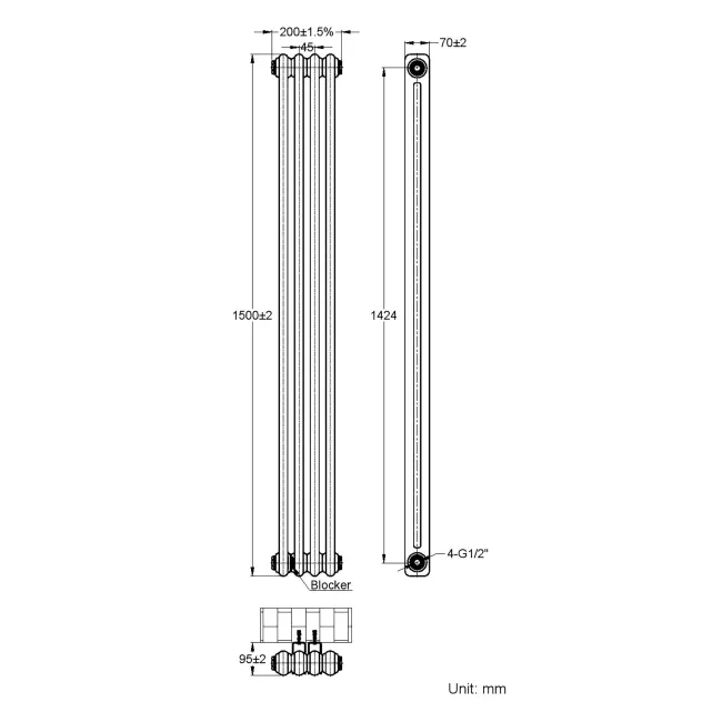 Athens Matt Black Double Column Vertical Traditional Radiator 1500x200mm