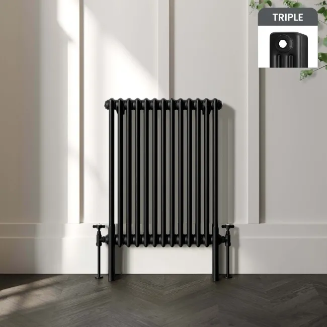 Athens Matt Black Triple Column Horizontal Traditional Radiator 750x605mm
