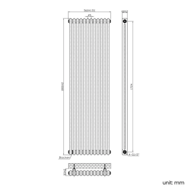 Athens Antique Gold Double Column Vertical Traditional Radiator 1800x560mm