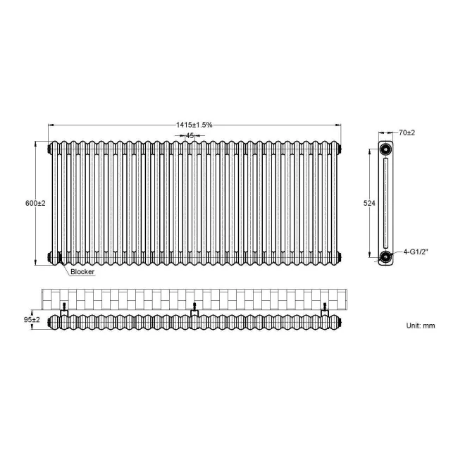 Athens White Double Column Horizontal Traditional Radiator 600x1415mm