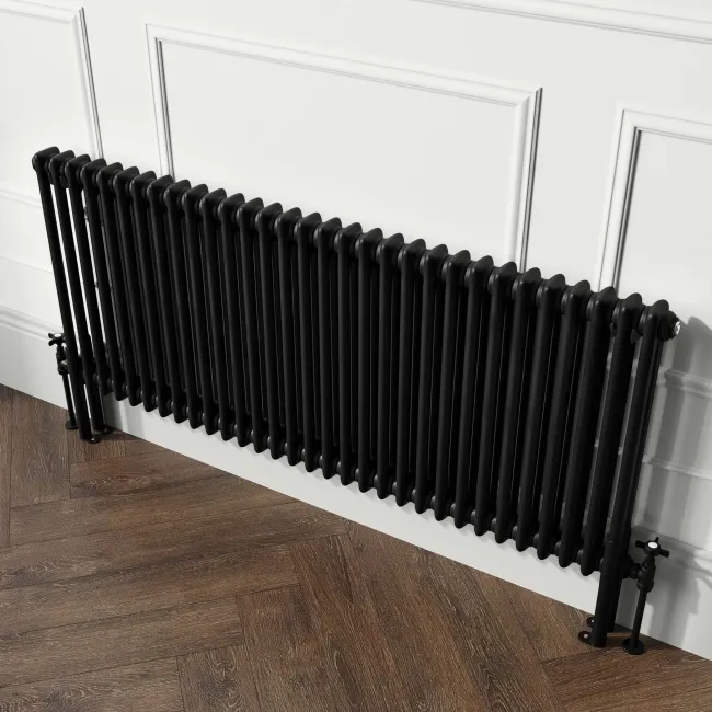 Athens Matt Black Double Column Horizontal Traditional Radiator 600x1415mm