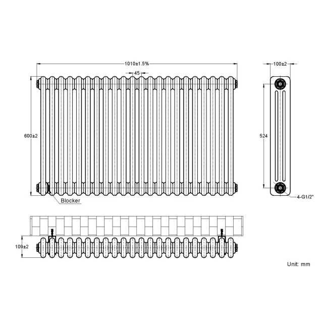 Athens Raw Metal Triple Column Horizontal Traditional Radiator 600x1010mm