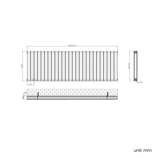 Faro Matt Black Double Flat Panel Horizontal Radiator 600x1820mm
