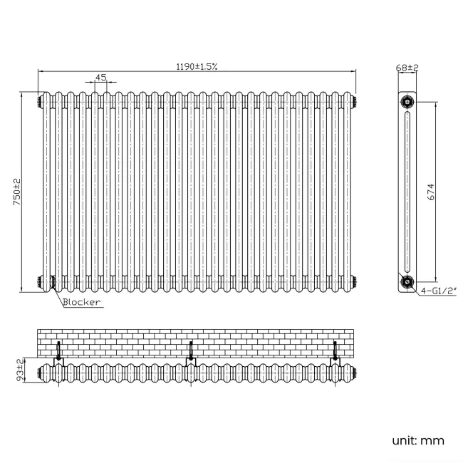 Athens Matt Black Double Column Horizontal Traditional Radiator 750x1190mm