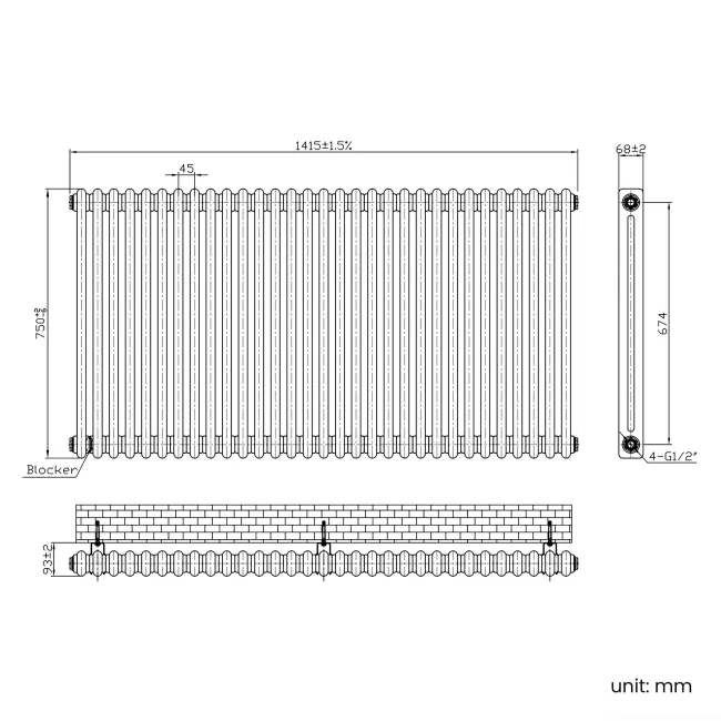 Athens Matt Black Double Column Horizontal Traditional Radiator 750x1415mm