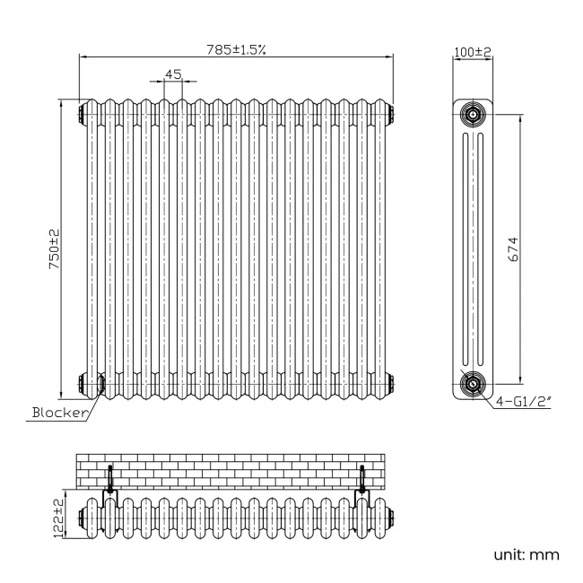 Athens Matt Black Triple Column Horizontal Traditional Radiator 750x785mm