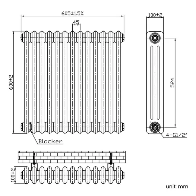 Athens Antique Gold Triple Column Horizontal Traditional Radiator 600x605mm