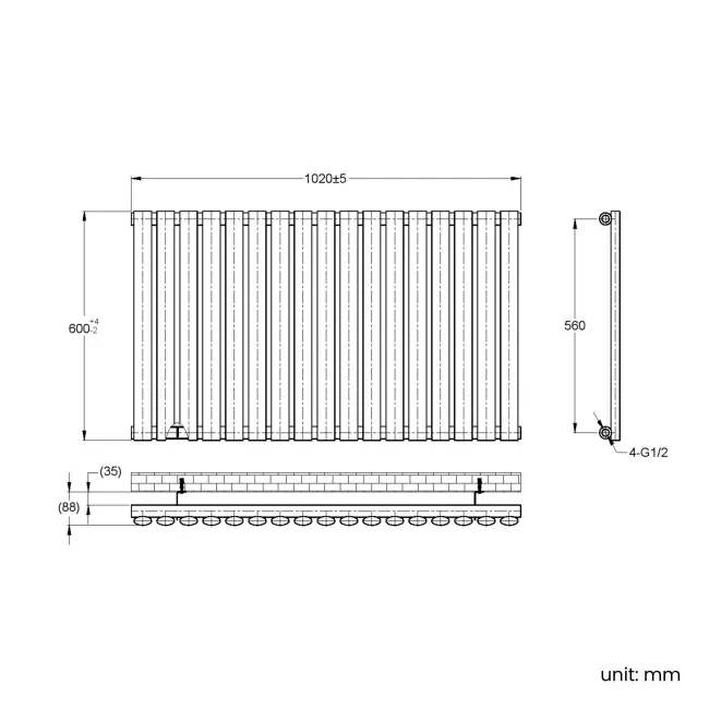 Marbella Matt Black Single Oval Panel Radiator 600x1020mm