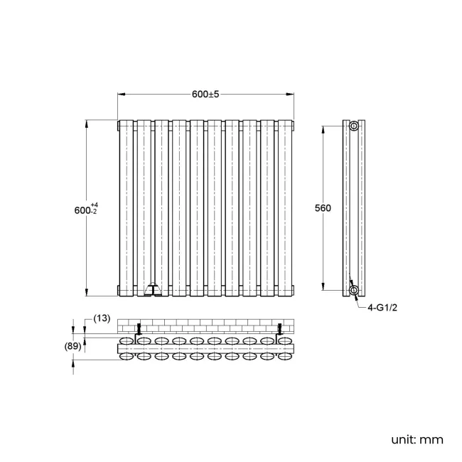 Marbella Matt Black Double Oval Panel Radiator 600x600mm