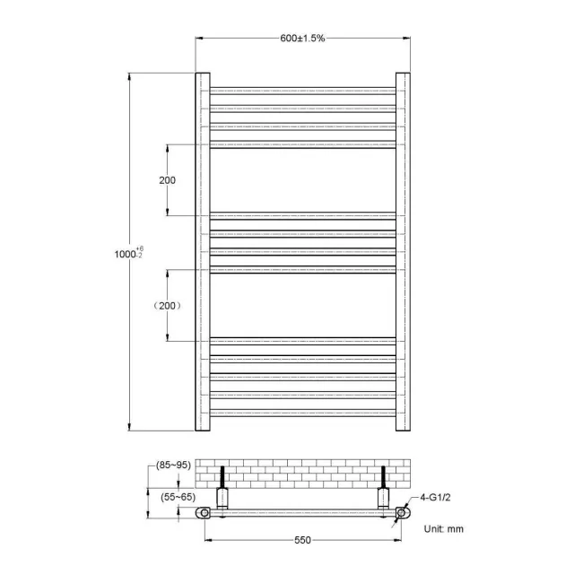 Barcelona Anthracite Straight Heated Towel Rail 1000x600mm