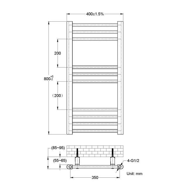 Barcelona Matt Black Straight Heated Towel Rail 800x400mm