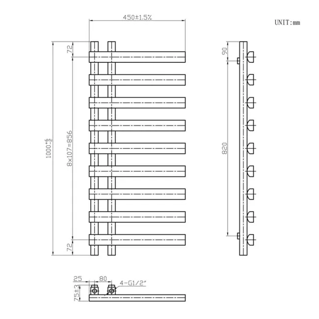 Palermo Matt Black Designer Heated Towel Rail 1000x450mm