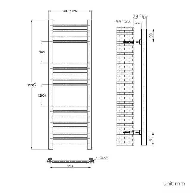 Barcelona Brushed Brass Straight Heated Towel Rail 1200x400mm
