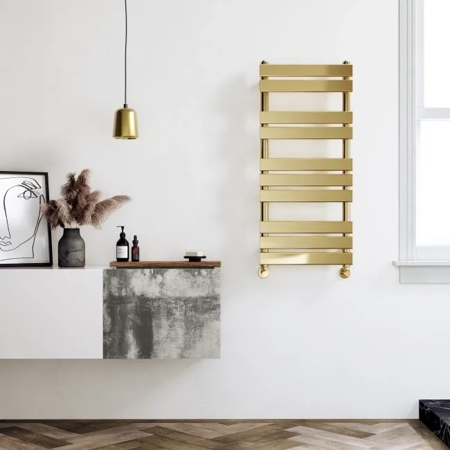 Santorini Brushed Brass Flat Panel Heated Towel Rail 1000x450mm