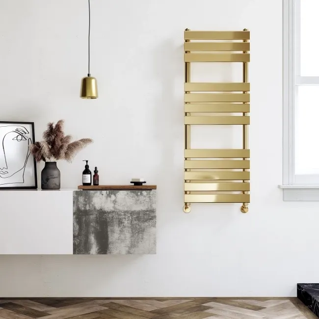 Santorini Brushed Brass Flat Panel Heated Towel Rail 1200x450mm