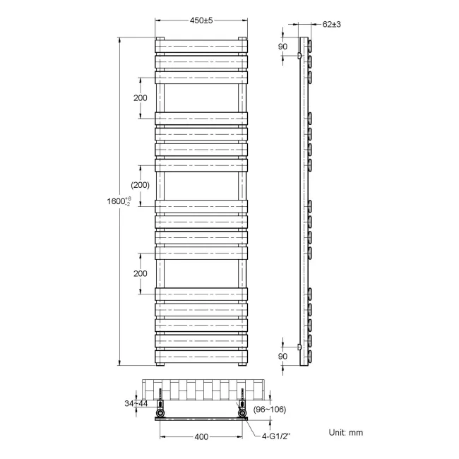 Santorini Brushed Brass Flat Panel Heated Towel Rail 1600x450mm