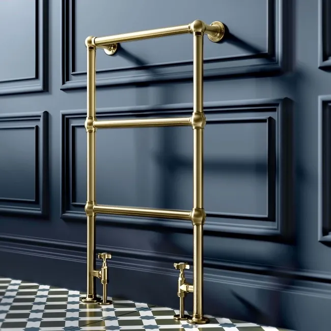 Gibraltar Floor Standing Traditional Brushed Brass Heated Towel Rail 915x535mm