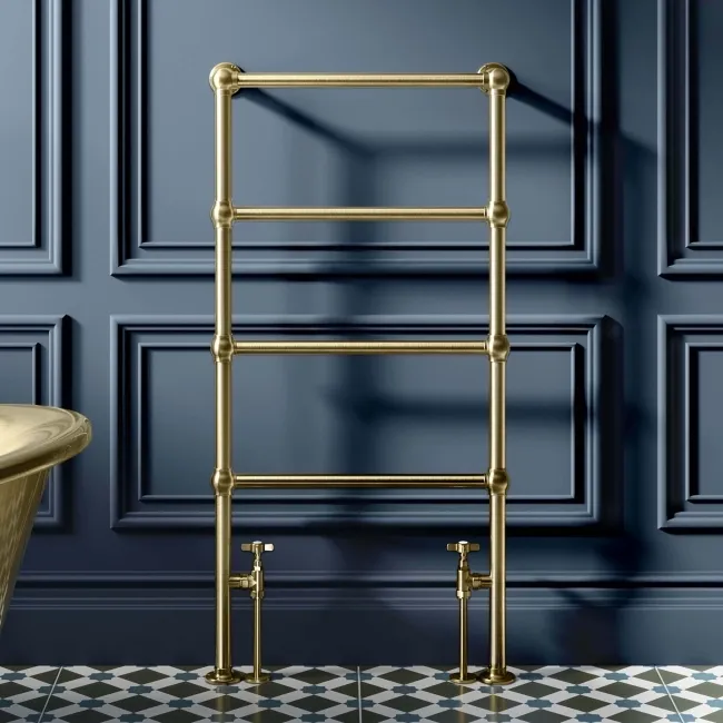 Gibraltar Floor Standing Traditional Brushed Brass Heated Towel Rail 1200x600mm