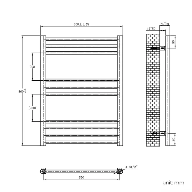 Barcelona Brushed Brass Straight Heated Towel Rail 800x600mm