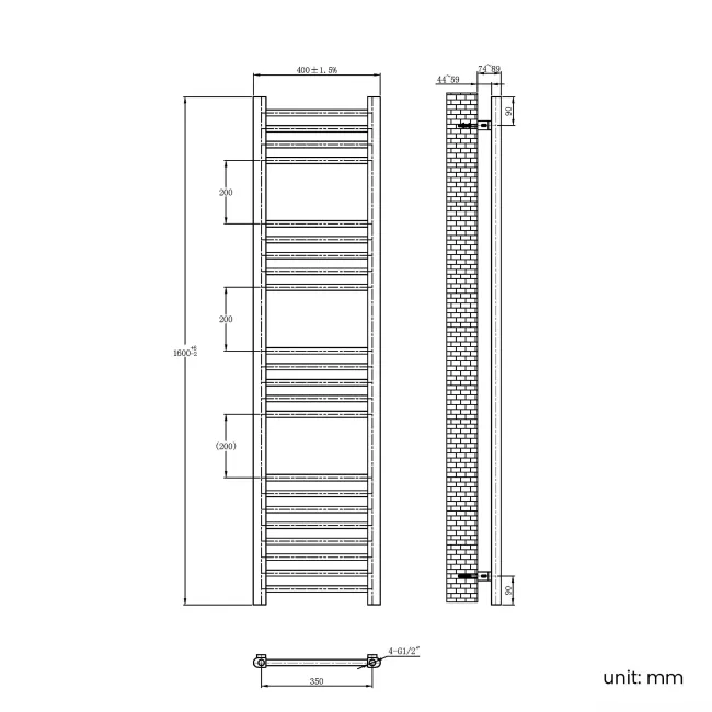 Barcelona Brushed Brass Straight Heated Towel Rail 1600x400mm
