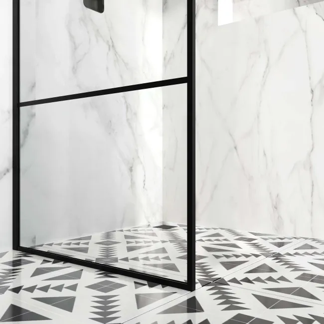 Munich Matt Black Grid Easy Clean 8mm Wet Room Shower Glass Panel 700mm